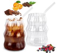 Miawtro 2pcs Glass Coffee Mugs, 530ml Iced Coffee Cup with Straw, Wide Mouth Glass Coffee Mugs Hot and Cold, Transparent Ribbed Smoothie Cup for Lemonade, Juice, Milkshake, Cocktail, Beer, Whiskey
