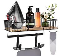Miawtro Ironing Board Hanger,Iron Wall Mount with Large Storage Capacity Wooden Base Basket and Removable Hooks,Over Door Ironing Board Hanger Suitable for Laundry,Utility,Sewing Room Storage