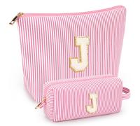 mibasies Initial Makeup Bags for Women: Cosmetic Bag for Travel Toiletry - Birthday Gifts for 11 12 13 14 15 16 Years Old Girl Gifts - Preppy Teen Girl Gifts Trendy Stuff, Pink, J