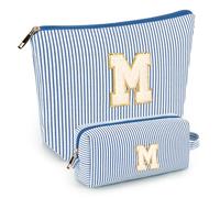 mibasies Initial Makeup Bags for Women: Cosmetic Bag for Travel Toiletry - Birthday Gifts for 11 12 13 14 15 16 Years Old Girl Gifts - Preppy Teen Girl Gifts Trendy Stuff, Blue, M
