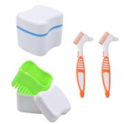 MIBICIRI 2 Denture Bath Cups with 2 Denture Brush, Denture Case Kit, Plastic Denture Bath Cases, Retainer Cleaning Boxes, Unsealed Dentures Container with Strainer Basket (Blue and Green)