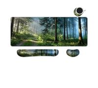 MIBITRI Keyboard Mouse Pad Set, Extended Gaming Mouse Pad+Ergonomics Keyboard Wrist Rest Support, Memory Foam, Easy Typing Pain Relief, 3Pcs XXL Ultra Thick Desk Mat, Forest in The Morning