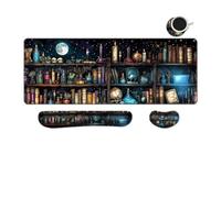 MIBITRI Keyboard Mouse Pad Set, Extended Gaming Mouse Pad+Ergonomics Keyboard Wrist Rest Support, Memory Foam, Easy Typing Pain Relief, 4Pcs XXL Ultra Thick Desk Mat, Enchanted Bookshelf