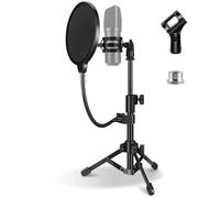 Mic Stand Desk, Table Mic Tripod Desktop Mic Stand Height Adjustable Small Microphone Stand for Desk with Pop Filter Shock Mount Mic Clip 1/4" to 5/8" Adapter for Blue Yeti Snowball