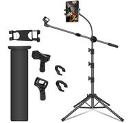 Mic Stand, Microphone Stand Floor Boom Mic Stand with Tablet Phone Holder Height Adjustable Four-legged Stand Gooseneck Boom Arm with 2 Mic Clips for Singing Stage Performance Party