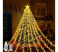 Micacorn Christmas Decorations Lights, USB Christmas Lights, 6.6 ft 9 Strand 198 LED Waterfall String Light with Topper Star, 8 Modes Xmas Waterfall Tree Lights with Remote for Xmas Wedding Party