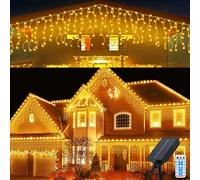 Micacorn Christmas Icicle Lights 16.4ft 256LEDs Solar Icicle Lights with USB Port Waterproof Fairy Light 32Pcs 8 Modes Hanging Waterfall Curtain String Light with Remote for House Xmas Party Décor
