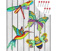 Micanlo 4pcs Metal Outdoor Wall Art Decor, 3D Colorful Dragonfly+Hummingbird+Butterfly+Bee Hanging Decorations Ornament for Garden Fence, Patio, Yard, Living Room Balcony, 4 PACKS
