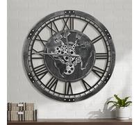 Micasso 27 in Black Large Wall Clock: Real Moving Gears Clock with World Map - Vintage Wood Frame Non-Ticking Battery Operated Silent Mechanical Clock for Home Decor/Office/Living Room/Bedroom
