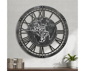 Micasso 27 in Black Large Wall Clock: Real Moving Gears Clock with World Map - Vintage Wood Frame Non-Ticking Battery Operated Silent Mechanical Clock for Home Decor/Office/Living Room/Bedroom