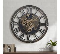 Micasso Large Gear Wall Clock: 27in Vintage Gold Real Moving Gear Clock with World Map - Wood Frame Non-Ticking Battery Operated Silent Mechanical Clock for Home Decor/Office/Living Room/Kitchen