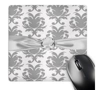 Mice Mat Grey White Decorative Elegant Damask Pattern Faux Diamond Ribbon Stitched Edges Gaming Mousepad Anti-Slip Rubber Base Mouse Mat For Pc Desk Laptop 25X30Cm