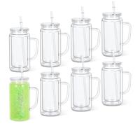 Micellwuu 16 Oz 8 Pack Acrylic Snowglobe Tumbler With Handle, Snow Globe Cups with Pre Drilled Hole, Double Wall Plastic Cup With Handle for Snow Globe Glitter DIY (Clear)