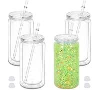 Micellwuu 16 oz Plastic Snow Globe Tumbler, 4 Pack Double Wall Snowglobe Tumbler with Pre Drilled Hole, Plastic Mason Jar Cups Can for Snow Globe Glitter DIY (Clear)