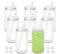 Micellwuu 16 oz Plastic Snow Globe Tumbler, 8 Pack Double Wall Snowglobe Tumbler with Pre Drilled Hole, Plastic Mason Jar Cups Can for Snow Globe Glitter DIY (Clear)
