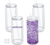 Micellwuu 20 oz Acrylic Snowglobe Tumbler, 4 Pack Double Wall Snow Globe Cups with Pre Drilled Hole, Plastic Mason Jar Cups Can for Snow Globe Glitter DIY (Clear)