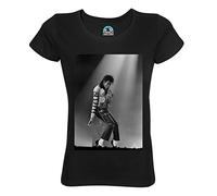 Michael Jackson Photo Concert Black and White Singer Pop Star Celebrite Women's Round Neck T-Shirt, Black, L