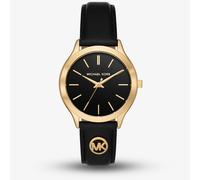 Michael Kors Slim Runway Watch for Women, 38mm Quartz Three Hand Movement with Leather Strap, Black and Gold, 38 mm