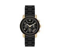 Michael Kors Runway Black Chronograph Gold Tone Case Black Silicone Bracelet Ladies Watch, Black, Women Black