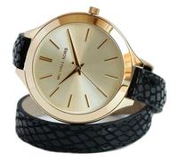 MICHAEL KORS RUNWAY GOLD TONE BLACK DOUBLE WRAP AROUND LEATHER SLIM WATCH MK2315