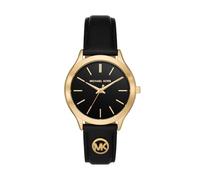 Michael Kors Slim Runway Watch for Women, 38mm Quartz Three Hand Movement with Leather Strap, Black and Gold, 38 mm
