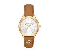 Michael Kors Slim Runway Watch for Women, 38mm Quartz Three Hand Movement with Leather Strap, Brown and Gold, 38 mm
