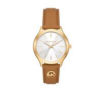 Michael Kors Slim Runway Watch for Women, 38mm Quartz Three Hand Movement with Leather Strap, Brown and Gold, 38 mm