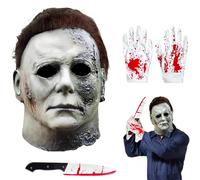 Michael Myers Adult Halloween Mask, Latex Full Head Horror Mask with Hair | Realistic Scary Look with Gloves & Prop Accessory for Halloween Parties, Haunted Houses, Cosplay and Themed Events