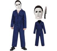 Michael Myers Costume Children's Horror Michael Myers Mask and Knife Halloween Cosplay Jumpsuit Overalls Props Cosplay Outfits Set (White Mask + Outfit, S)