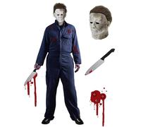 Michael Myers Costume for Men 3-Piece Men's Halloween Michael Myers Mask and Blood Smudged Knife Horror Cosplay Costume Set for Halloween Fancy Dress Work Overalls Jumpsuit Blue Navy 027XL