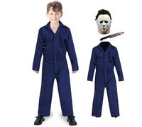 Michael Myers Costume Kids Halloween Mike Myers Costume with Michael Myers Mask Knife Outfit Horror Scary Killer Cosplay Coveralls Suit for Boys Girls Children (A, Large)