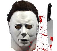 Michael Myers Mask for Adults Scary Horror Killer Full Head Costume Mask | Scary Halloween Latex Mask with Toy Knife, Eye Openings, Realistic Hair, Cosplay Costume Props for Halloween Party, White
