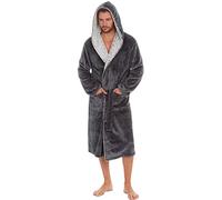 MICHAEL PAUL Dressing Gowns for Men | Super Soft Luxury Hooded Dressing Gown Black Grey Navy | Men's Warm and Cozy Fleece Nightwear Robe | Gifts for Men L GREY