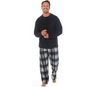 MICHAEL PAUL Mens Soft & Cosy Fleece Pyjamas | Warm PJ Set Nightwear Sleepwear Loungewear Modern Set with Check Bottoms | Soft Twosie Pyjama Set for Men Gifts for Him Black Check XXL