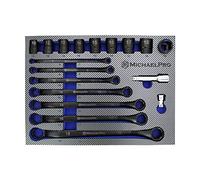 MichaelPro MP001218 18-Piece Double Ring Spanner Set, Black Oxide Bolt Extractor Offset Spanner and Socket Set, Ring Spanner Set, Swan Neck Spanner Set, Offset Spanner, Ring Spanners, Metric