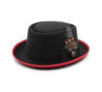 Michear Felt Bowler Hat Men Classic Pork Pie Hats for Men British Small Brim Derby Cap Ribbon Trim Bob Mortimer Hat Vintage Formal Men's Hats with Feather (UK, Alpha, One Size, Black)