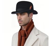 Michear Hard Felt Bowler Hat Wool Bowler Hat with Feather Satin Lined for Man Woman (Wool, Black)