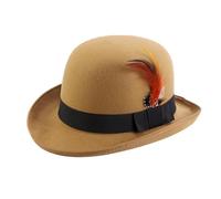 Michear Hard Felt Bowler Hat Wool Bowler Hat with Feather Satin Lined for Man Woman (Wool, Khaki)