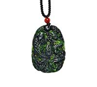 Michear Moldavite Stone Crystal Pendant, Black Green Jade Hand Carved Dragon Phoenix Czech Meteorite Ink Jade Pendant for Man and Women