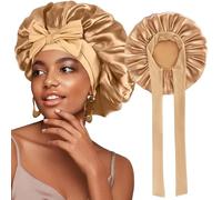 Michear Premium Satin Bonnet 2 Pack Bonnets for Women Adjustable Tie Wide Elastic Sleep Cap for Curly Hair Silk Like Hair Wrap Waterproof Bath and Sleeping Cap (Gold)