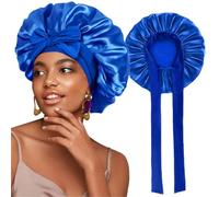 Michear Premium Satin Bonnet 2 Pack Bonnets for Women Adjustable Tie Wide Elastic Sleep Cap for Curly Hair Silk Like Hair Wrap Waterproof Bath and Sleeping Cap (Blue)