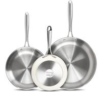 MICHELANGELO 18/10 Stainless Steel Frying Pan Set, 20/24/28cm Steel Frying Pans, Triply Base Stainless Steel Pans Set with Ergonomic Handle, Induction Compatible, Beige