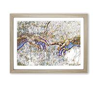 Michelangelo Creation of Adam Hands Modern BG Framed Print | A3 Oak Framed Wall Art | Ready to Hang | Modern Historical Picture | Living Room Bedroom Lounge Office