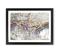 Michelangelo Creation of Adam Hands Modern BG Framed Print | A4 Black Framed Wall Art | Ready to Hang | Modern Historical Picture | Living Room Bedroom Lounge Office