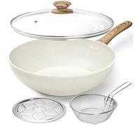 MICHELANGELO Non Stick 30cm Wok Set with Lid, Frying Basket & Steam Rack, Cream White