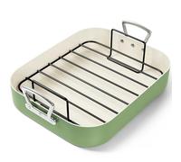 MICHELANGELO Roasting Pan with Rack, Non Stick Ceramic Roasting Pan for Oven, Turkey Roaster Pan with Stainless Steel Rack, 15 Inch x 13 Inch (38cm x 33cm x 7.6cm) - Green