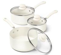 MICHELANGELO Saucepan Sets, Non Stick Saucepans Set, Saucepans with Lid 14cm, 18cm, 20cm, Cooking Pots Set with Lid & Ergonomic Handle, White Granite