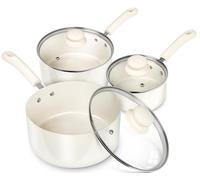 MICHELANGELO Saucepan Sets Non Stick with Lids, Ceramic Saucepans Set 14cm/18cm/20cm with Nonstick Coatings, PFAS-Free Small Saucepan Sets, Multipurpose Cooking Pots, Cream White
