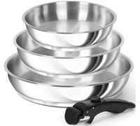 MICHELANGELO Stainless Steel Frying Pan Set, Frying Pans Set with Removable Handle, Triply Base Stainless Steel Pan Set, Induction Compatible Pans- 20cm & 24cm & 28cm