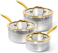 Michelangelo Triply Stainless Steel Saucepan Set, Luxury Hammered Stainless Steel Sauce Pans with Golden Handle, Premium Sauce Pot Set, Induction Compatible